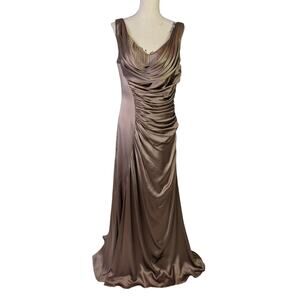 Velesca Silk Gown Brown Chestnut Draped Cowl Neck Formal Maxi Dress 12